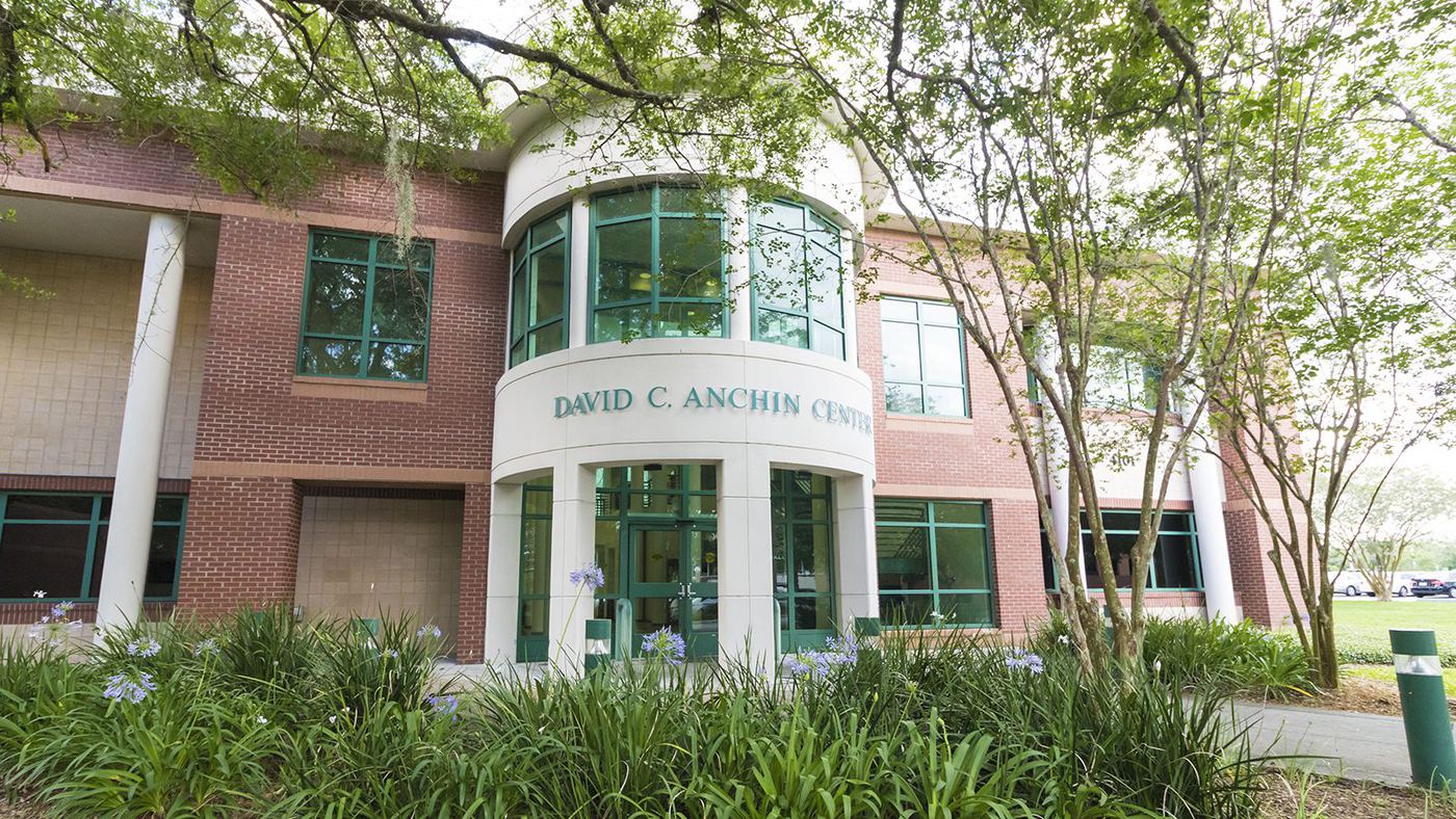 Entrance of the David C. Anchin Center building on the USF Tampa campus